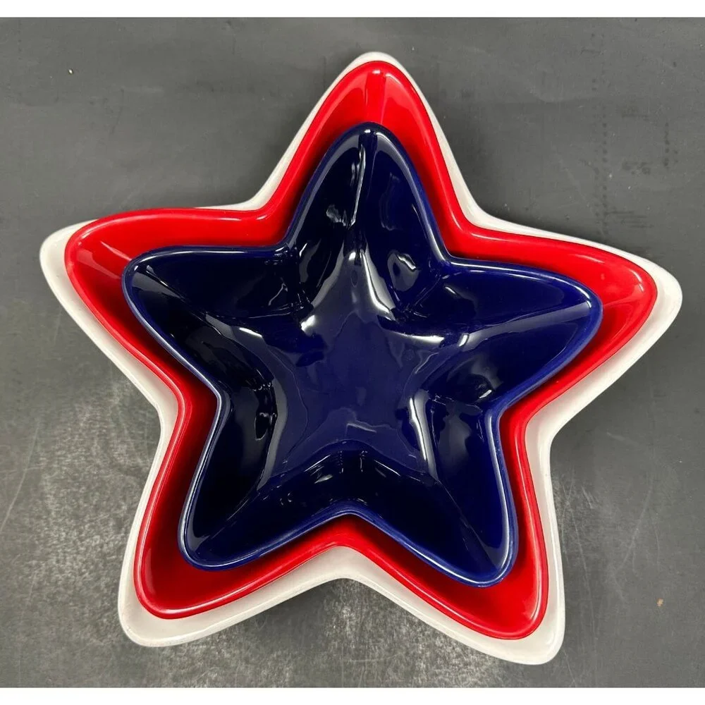 3 PIER 1 STAR SHAPED NESTING SERVING BOWLS Red White Blue Patriotic July 4th HTF - Picture 9 of 15